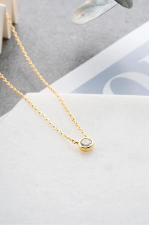 925 Ayar Gümüş Gold Kaplama Minimal 5 mm Tektaş Kolye