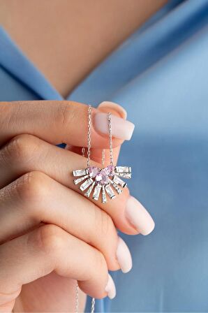 925 Ayar Gümüş Baget Taşlı Tria Pembe Taşlı Kalpli Kolye