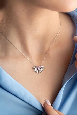 925 Ayar Gümüş Baget Taşlı Tria Pembe Taşlı Kalpli Kolye