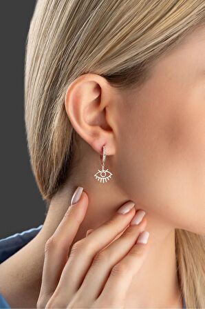925 Ayar Gümüş Rose Kaplama 10 mm Halka Sallantılı Göz Küpe