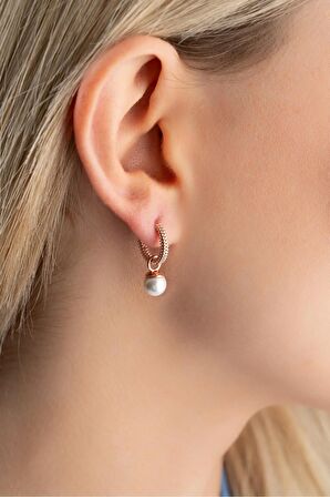 925 Ayar Gümüş Rose Kaplama 10 mm Sallantılı İnci Küpe