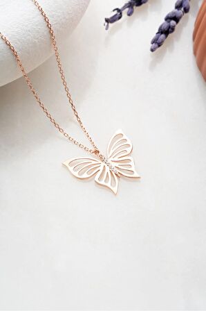 925 Ayar Gümüş Rose Kaplama Sade Zirkon Taşlı Kelebek Kolye
