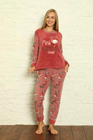 Kışlık Uzun Kollu Bayan Peluş Polar Pijama Takımı İpeksi Doku