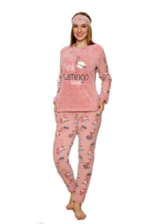 Kışlık Uzun Kollu Bayan Peluş Polar Pijama Takımı İpeksi Doku