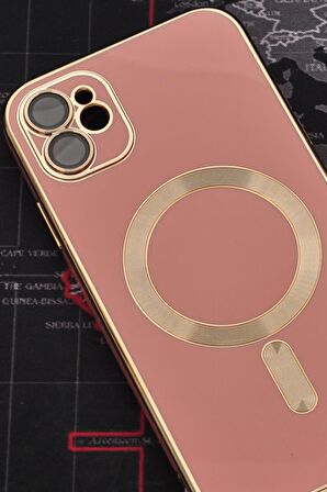 iPhone 12 Uyumlu MagSafe Özellikli Lens Korumalı Lazerli Renkli Kılıf Pudra Pembe