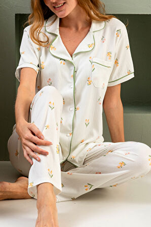 Kısa Kol Gömlek Yaka Kadın Pinterest Pijama Takımı - Yazlık Kadın Pijama- Geniş Beden Aralığı