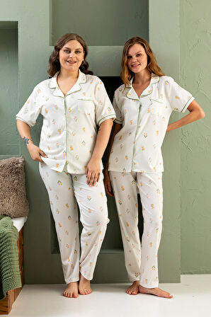 Kısa Kol Gömlek Yaka Kadın Pinterest Pijama Takımı - Yazlık Kadın Pijama- Geniş Beden Aralığı