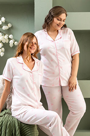Kısa Kol Gömlek Yaka Kadın Pinterest Pijama Takımı - Yazlık Kadın Pijama- Geniş Beden Aralığı