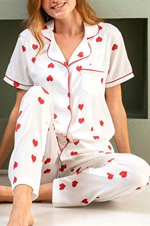 Kısa Kol Gömlek Yaka Kadın Pinterest Pijama Takımı - Yazlık Kadın Pijama- Geniş Beden Aralığı
