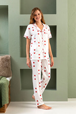 Kısa Kol Gömlek Yaka Kadın Pinterest Pijama Takımı - Yazlık Kadın Pijama- Geniş Beden Aralığı