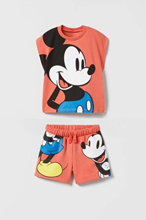 Unisex Çocuk Mickey Mouse Baskılı Pamuklu Bisiklet Yaka T-shirt ve Şort Alt Üst Takım