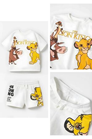 Unisex  Çocuk Aslan Lion King Baskılı Pamuklu Bisiklet Yaka Beyaz T-shirt ve Şort Alt Üst Takım