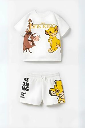 Unisex  Çocuk Aslan Lion King Baskılı Pamuklu Bisiklet Yaka Beyaz T-shirt ve Şort Alt Üst Takım