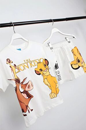 Unisex  Çocuk Aslan Lion King Baskılı Pamuklu Bisiklet Yaka Beyaz T-shirt ve Şort Alt Üst Takım