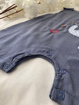 Unisex Bebek Denim Renk Pamuklu Fil İşlemeli Askılı Yumuşak Kumaş Çıtçıtlı Tulum