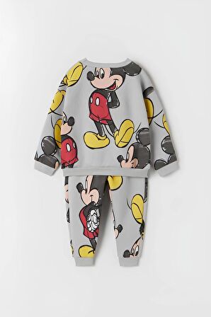 Unisex Çocuk Mickey Mouse Baskılı Gri 3 İplik Şardonsuz Kışlık Sweat ve Eşofman Alt Üst Takım