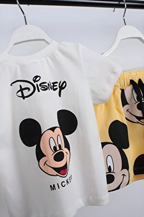 Unisex Bebek & Çocuk Mickey Mouse Baskılı Pamuklu Bisiklet Yaka Beyaz T-shirt ve Şort Alt Üst Takım