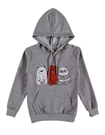 Kız Çocuk Gri Renk Panda Baskılı Over Fit Kanguru Cepli Kapüşonlu Sweatshirt