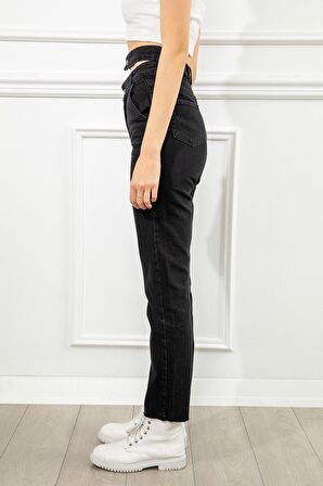 Kadın Antrasit Renk Denim Kumaş Bilek Boy Straight Fit Çift Kemerli Pantolon