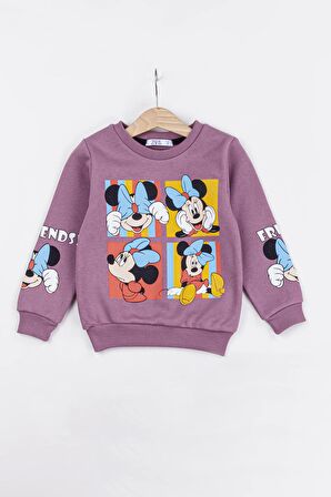 Kız Çocuk Minnie Mouse Baskılı 3 İplik Şardonlu Kışlık Sweat ve Eşofman Alt Üst Takım