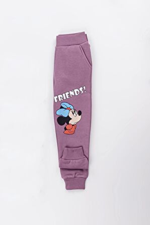 Kız Çocuk Minnie Mouse Baskılı 3 İplik Şardonlu Kışlık Sweat ve Eşofman Alt Üst Takım