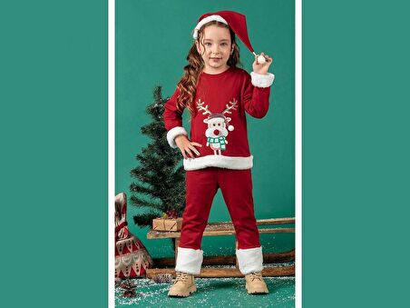 Unisex Çocuk Yılbaşı Christmas Noel Temalı Geyik Model Kapüşonlu 3 İp Şardonlu 3 Parça Alt Üst Takım