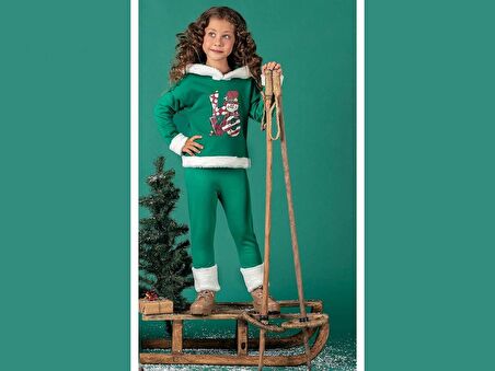 Unisex Çocuk Yılbaşı Christmas Noel Temalı Elf Model Kapüşonlu 3 İp Şardonlu 2 Parça Alt Üst Takım