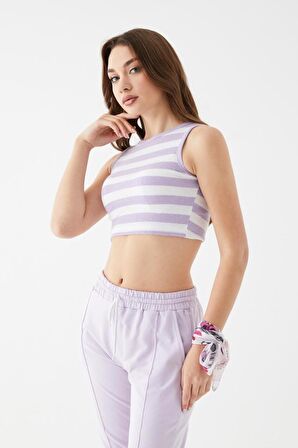 Kadın Lila Renk Mini Boy Çizgili Triko Body Crop