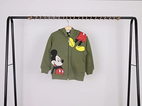 Unisex Çocuk Mickey Mouse Baskılı Haki Renk Mevsimlik Kapüşonlu Hırka