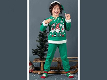 Unisex Çocuk Yılbaşı Christmas Noel Temalı 3 Cüce Kapüşonlu 3 İp Şardonlu 3 Parça Alt Üst Takım