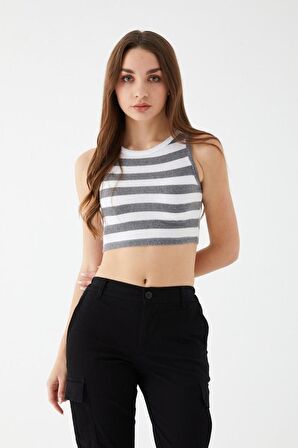 Kadın Füme Renk Mini Boy Çizgili Triko Body Crop