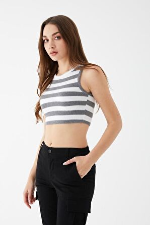 Kadın Füme Renk Mini Boy Çizgili Triko Body Crop