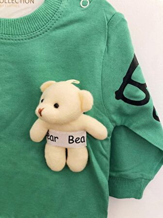 Unisex Bebek Yeşil Renk Oyuncak Ayılı Mevsimlik Sweatshirt ve Eşofman Alt Üst Takım