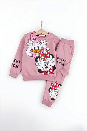 Kız Çocuk Minnie Mouse ve Daisy Duck Baskılı 3 İplik Şardonlu Kışlık Sweat ve Eşofman Alt Üst Takım