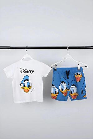 Unisex Bebek & Çocuk Donald Duck Baskılı Pamuklu Bisiklet Yaka Beyaz T-shirt ve Şort Alt Üst Takım