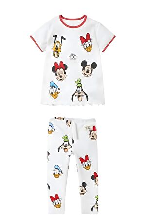 Kız Çocuk Disney 100. Yıl Baskılı Pamuklu Bisiklet Yaka Fitilli Kumaş T-shirt ve Tayt Alt Üst Takım