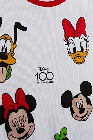 Kız Çocuk Disney 100. Yıl Baskılı Pamuklu Bisiklet Yaka Fitilli Kumaş T-shirt ve Tayt Alt Üst Takım