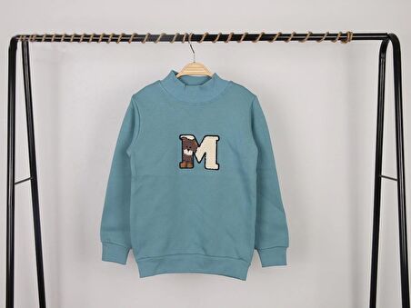 Unisex Çocuk Dik Yaka M Nakışlı Mavi Basic Sweatshirt