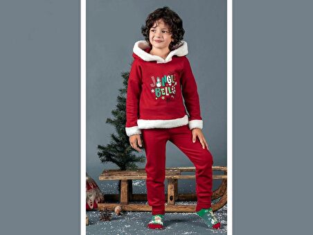 Unisex Çocuk Yılbaşı Christmas Noel Temalı Jingle Bells Model Kapüşonlu 3 İp Şardonlu 2 Parça Alt Üst Takım