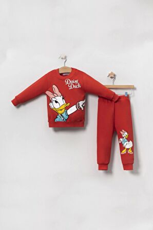 Kız Bebek Daisy Duck Baskılı 3 İplik Şardonlu Kışlık Sweat ve Eşofman Alt Üst Takım