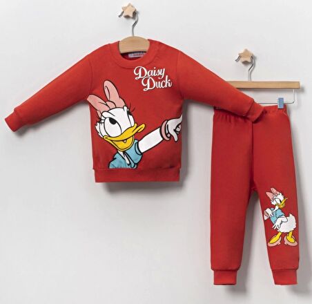 Kız Bebek Daisy Duck Baskılı 3 İplik Şardonlu Kışlık Sweat ve Eşofman Alt Üst Takım