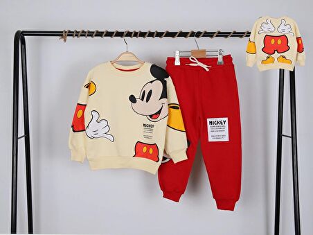 Unisex Çocuk Mickey Mouse Baskılı 3 İplik Şardonsuz Kışlık Sweat ve Eşofman Alt Üst Takım