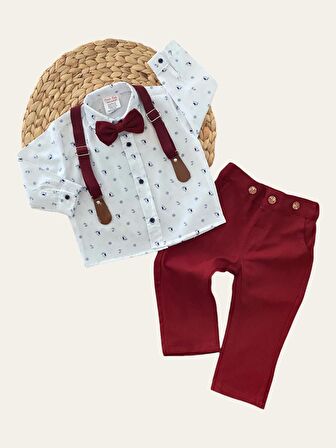 Derin Bebe Papyonlu Pantolon Askılı Gömlekli Takım Bordo