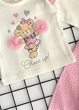 Neşeli Bebekler Ayıcıklı Taşlı ve Tül Detaylı Fır Fır Kol Çiçek Desen Puantiyeli Penye Takım Pembe