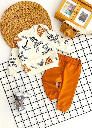 Neşeli Bebekler Enjoy Baskılı Desen Penye Takım Kiremit