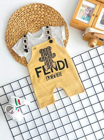 Neşeli Bebekler Fendi Ayıcık Baskılı 2'li Salopet Takım Sarı