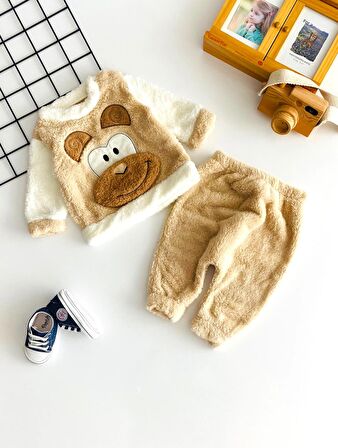 Neşeli Bebekler Maymun Kabartma Desen Welsoft Takım Vizon