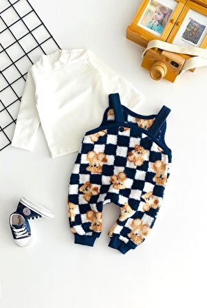 Neşeli Bebekler Liverpool Ayıcık Desen Welsoft Kumaş Salopet Takım Lacivert