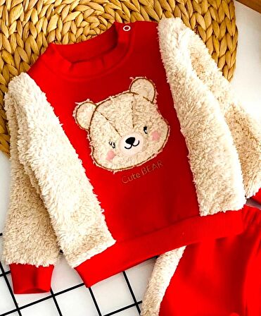 Neşeli Bebekler Ayıcık Nakışlı Yılbaşı Welsoft Detaylı Üç İp Polar Takım