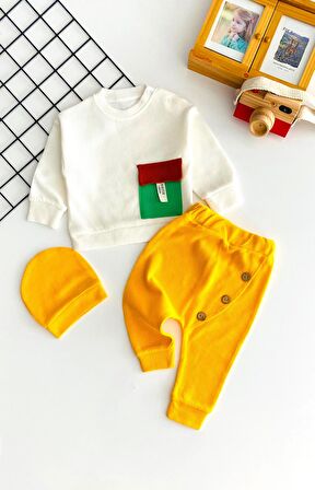 Neşeli Bebekler Petek Kumaş Cepli Bereli Mevsimlik Takım Sarı